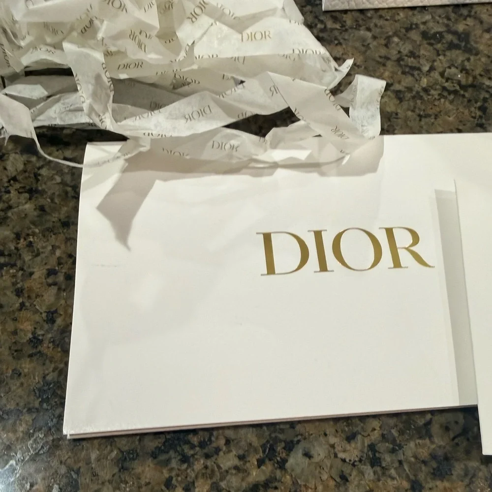 NEW. Authentic DIOR gift wrap set: bag, ribbon, tissue paper, cards + envelope